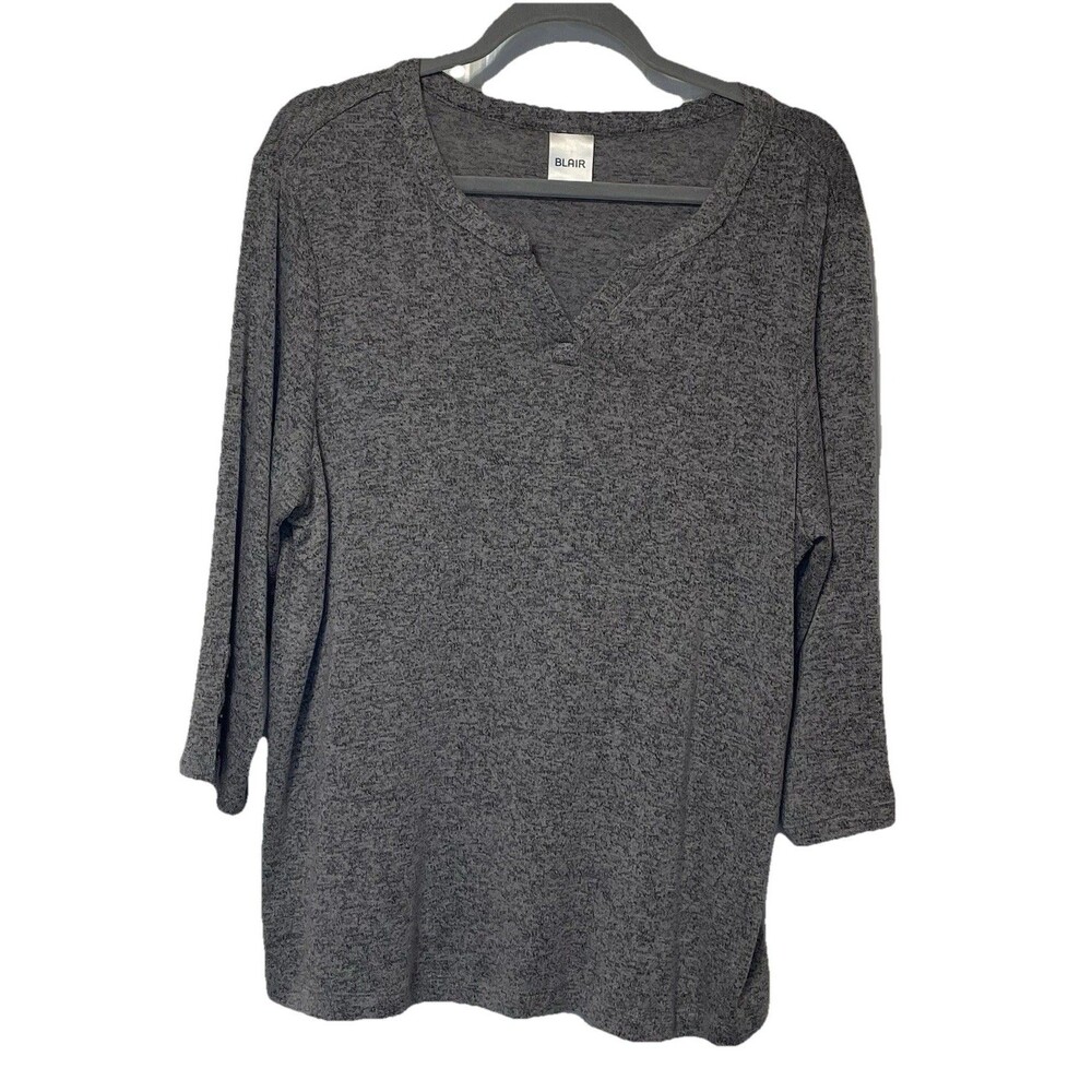 Blair Women’s Gray Space-Dye Knit Henley Top L 3/4 Sleeve Button Cuff Stretch